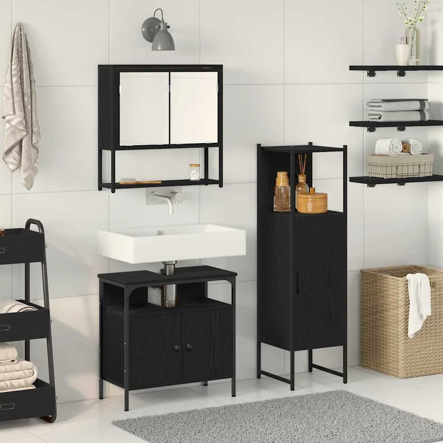 Ensemble de mobilier de salle de bain avec étagère 3 pcs Noir