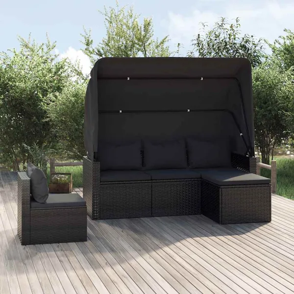 Salon de jardin 4 pcs avec coussins noir résine tressée