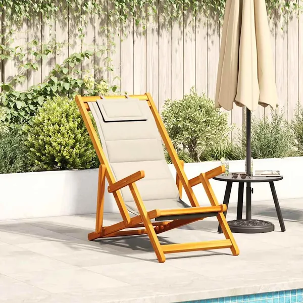 Chaise pliante avec accoudoirs en bois d'acacia crème et textilène