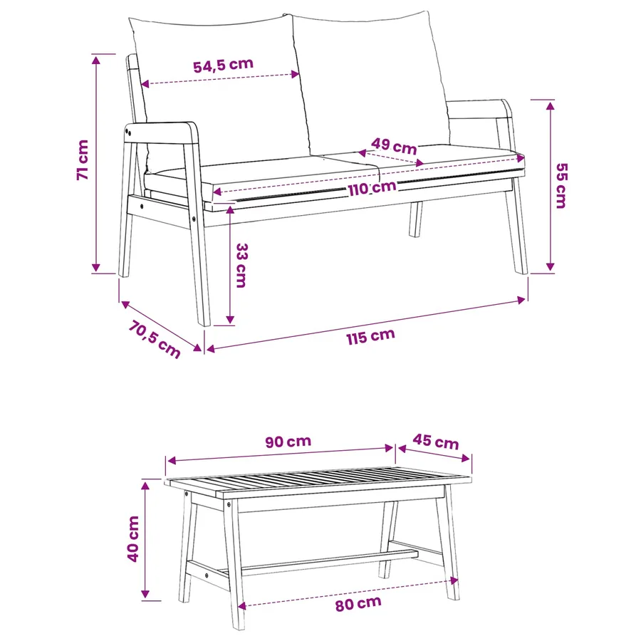 Ensemble bistrot avec coussin 3 pcs Marron Bois d'Acacia Massif - 6
