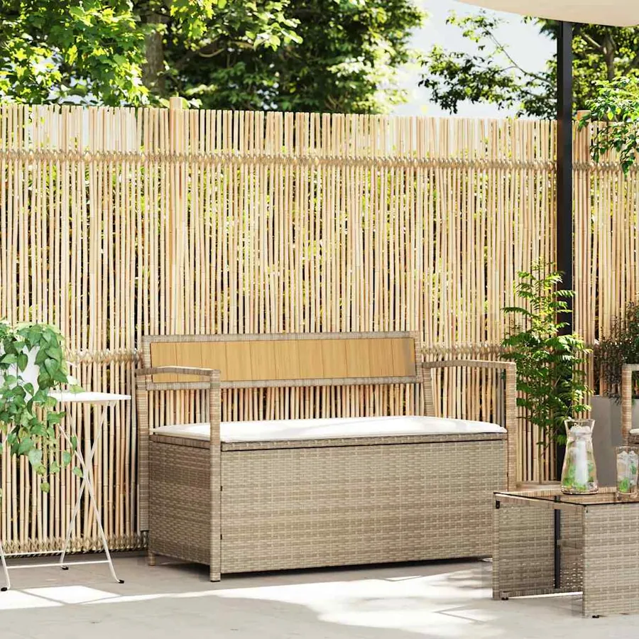 Banc de rangement de jardin avec coussin beige résine tressée