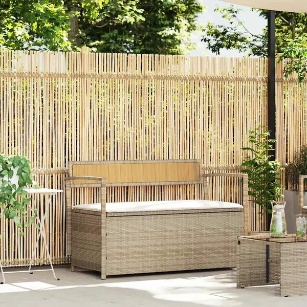 Banc de rangement de jardin avec coussin beige résine tressée