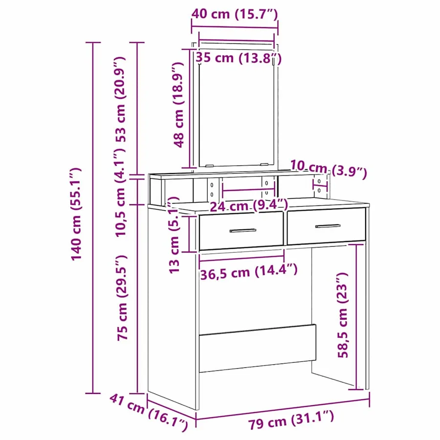 Table de Toilette Gris béton 79 x 41 x 140 cm Bois d'ingénierie - 12
