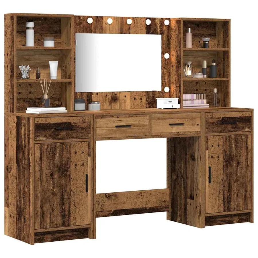 Ensemble de table de maquillage avec LED 3 pcs Bois ancien - 3