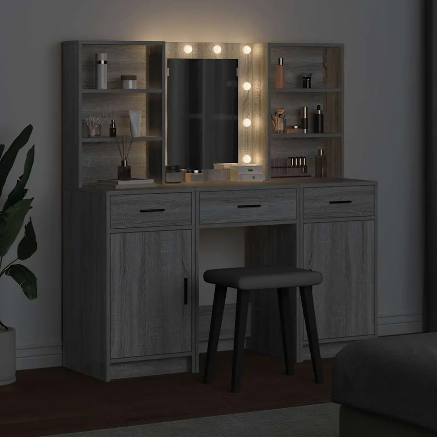 Ensemble de table de maquillage avec LED 3 pcs Gris Sonoma - 4