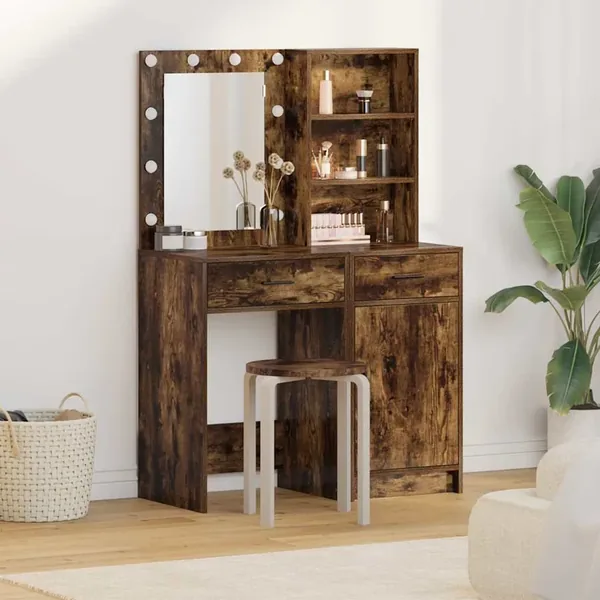 Ensemble de table de maquillage avec LED 2 pcs Chêne fumé