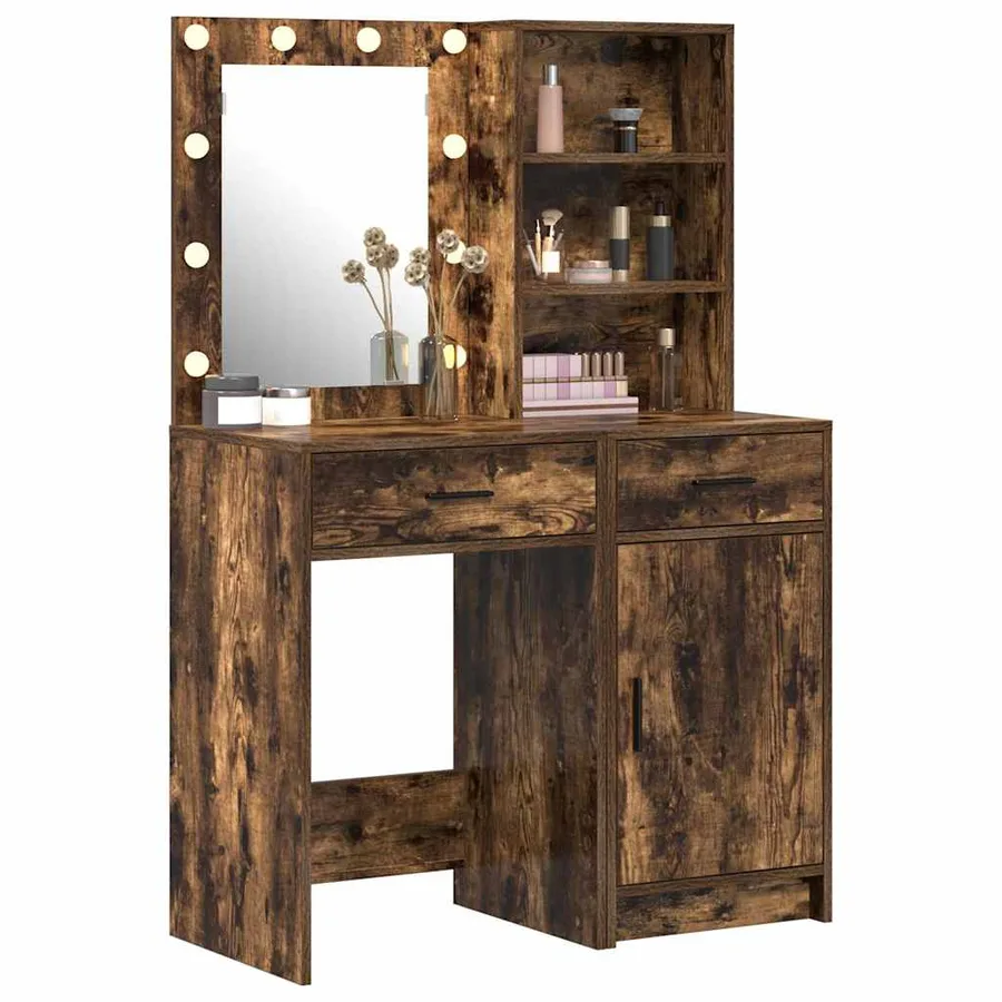 Ensemble de table de maquillage avec LED 2 pcs Chêne fumé - 3