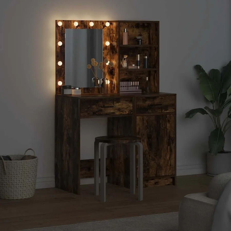 Ensemble de table de maquillage avec LED 2 pcs Chêne fumé - 4