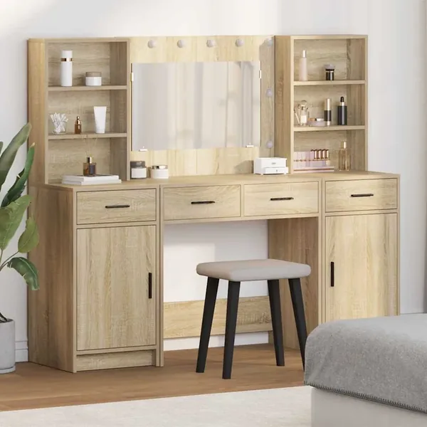 Ensemble de table de maquillage avec LED 3 pcs Chêne Sonoma