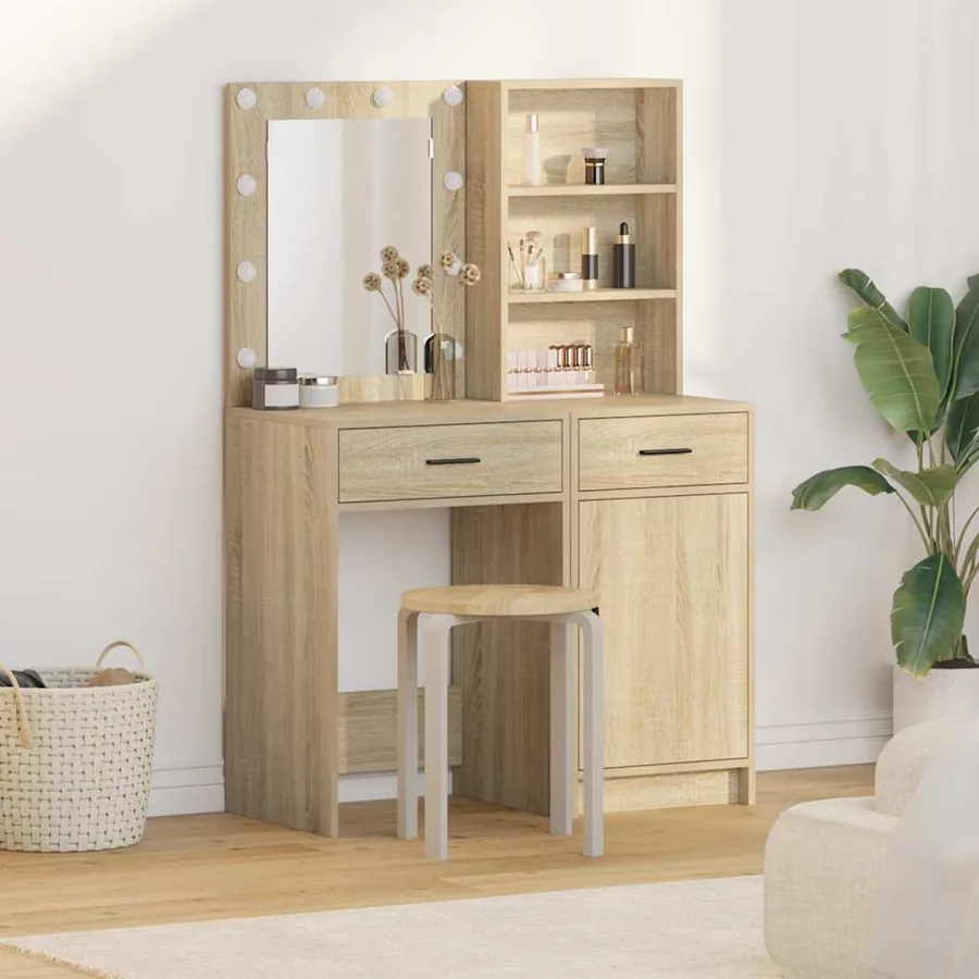 Ensemble de table de maquillage avec LED 2 pcs Chêne Sonoma