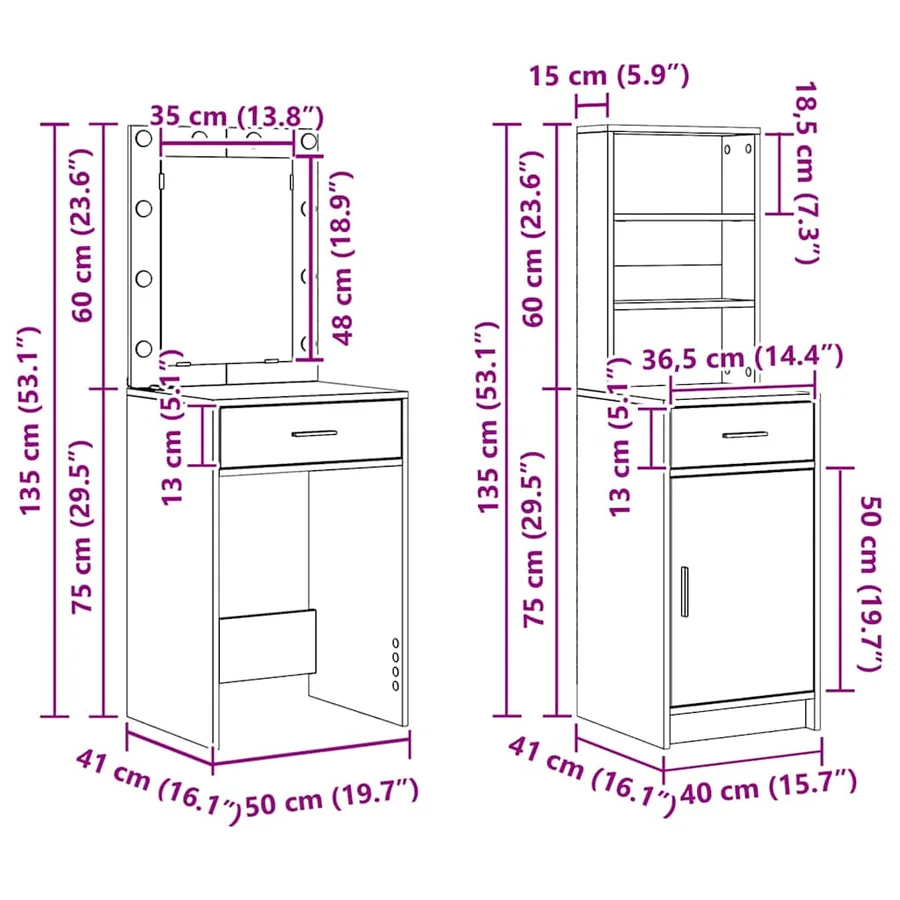 Ensemble de table de maquillage avec LED 2 pcs Chêne Sonoma - 15