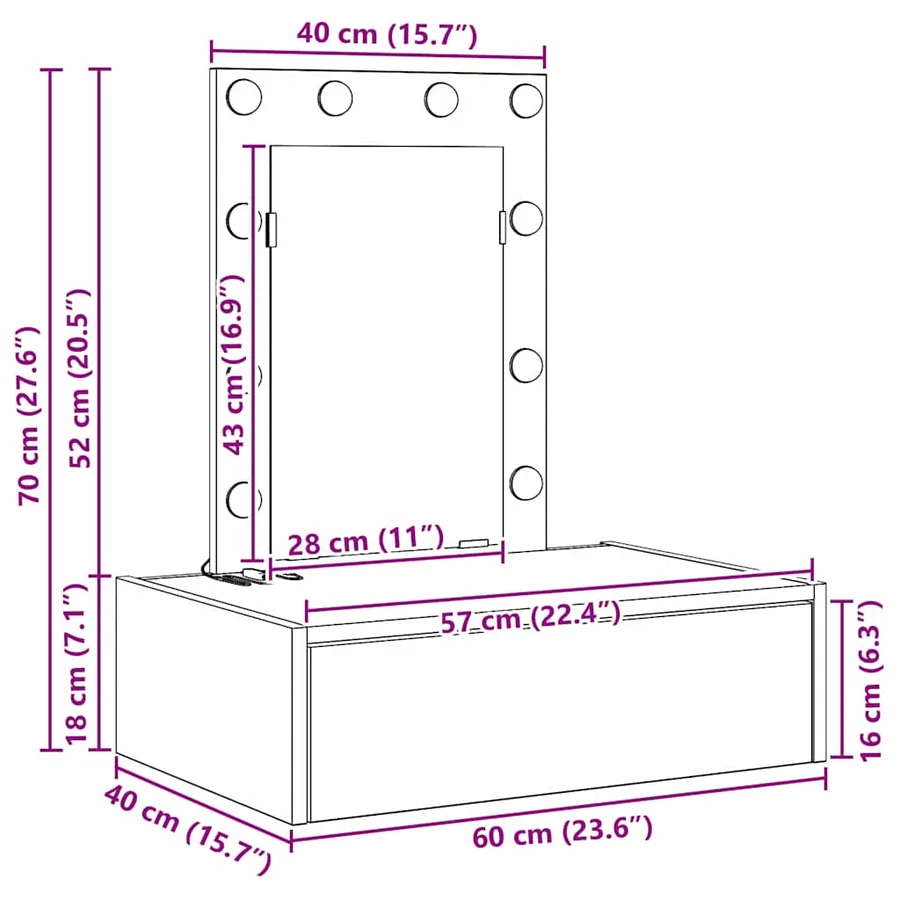 Table de Toilette Gris 60 x 40 x 70 cm Bois d'ingénierie - 11