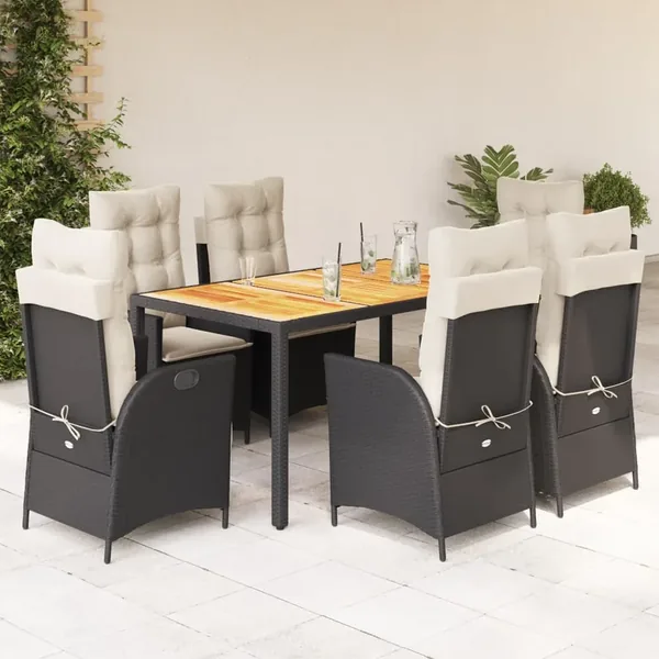 Ensemble à manger de jardin coussins 7pcs Noir Résine tressée