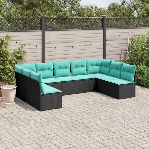 Salon de jardin 9 pcs avec coussins noir résine tressée