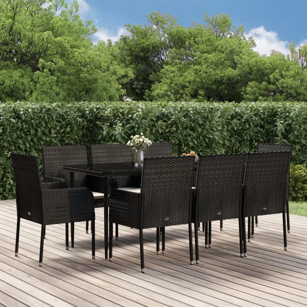 Ensemble à manger jardin 9pcs et coussins noir résine tressée