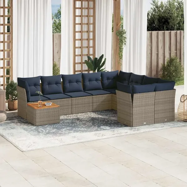 Salon de jardin 10 pcs avec coussins gris résine tressée
