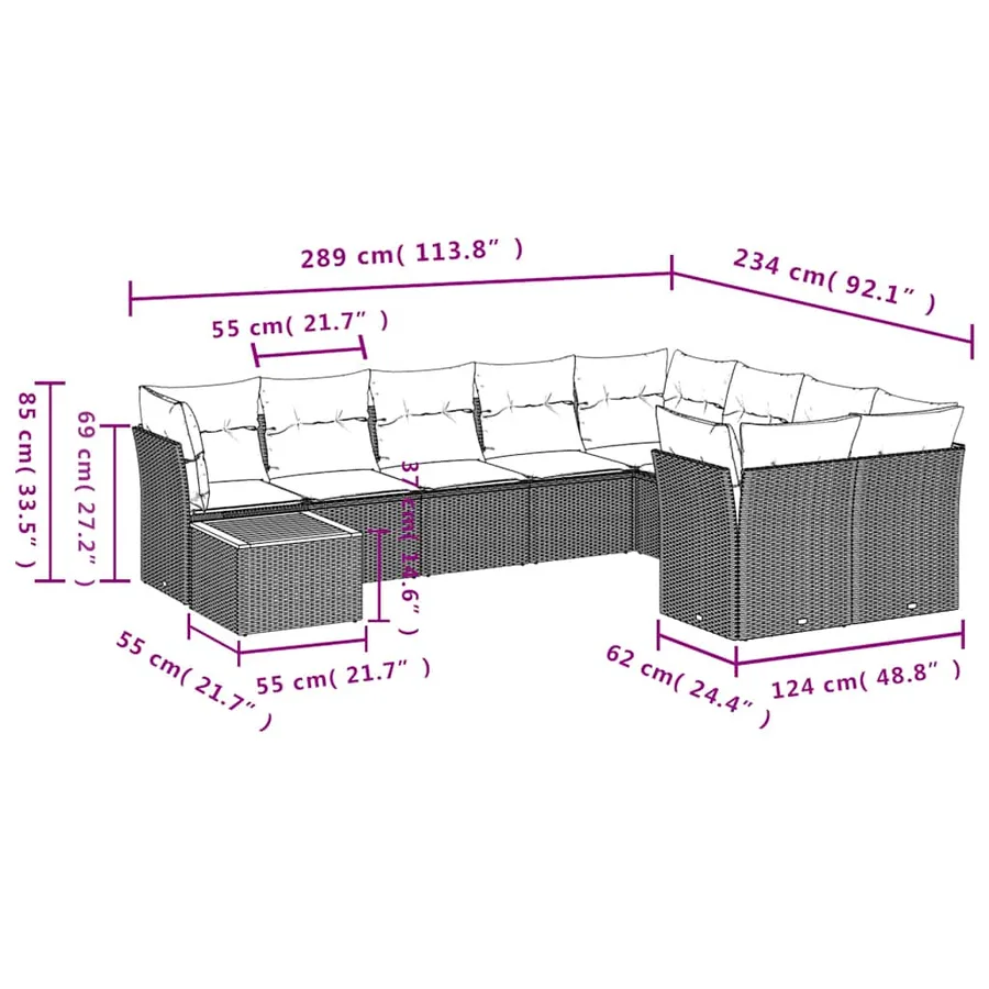 Salon de jardin 10 pcs avec coussins gris résine tressée - 10