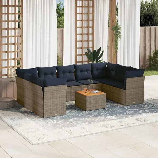 Salon de jardin 10 pcs avec coussins gris résine tressée