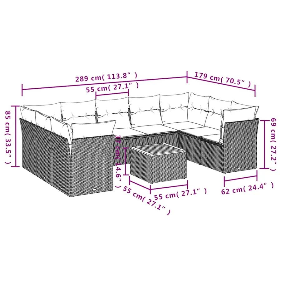Salon de jardin 10 pcs avec coussins gris résine tressée - 10