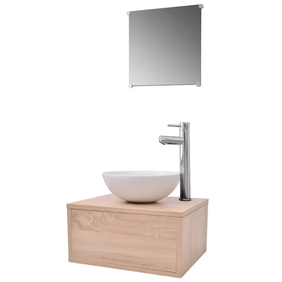 Meuble de salle de bain 4 pcs avec lavabo et robinet Beige - 2