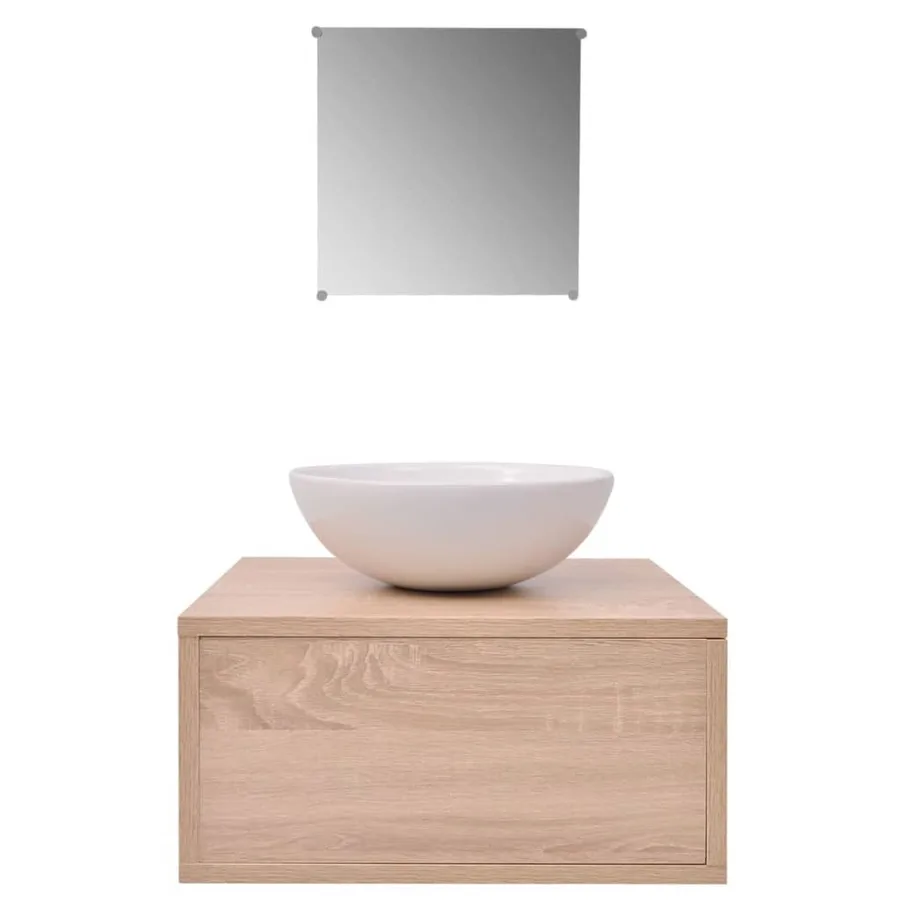 Meuble de salle de bain 4 pcs avec lavabo et robinet Beige - 4