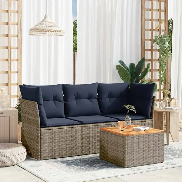 Salon de jardin 4 pcs avec coussins gris résine tressée