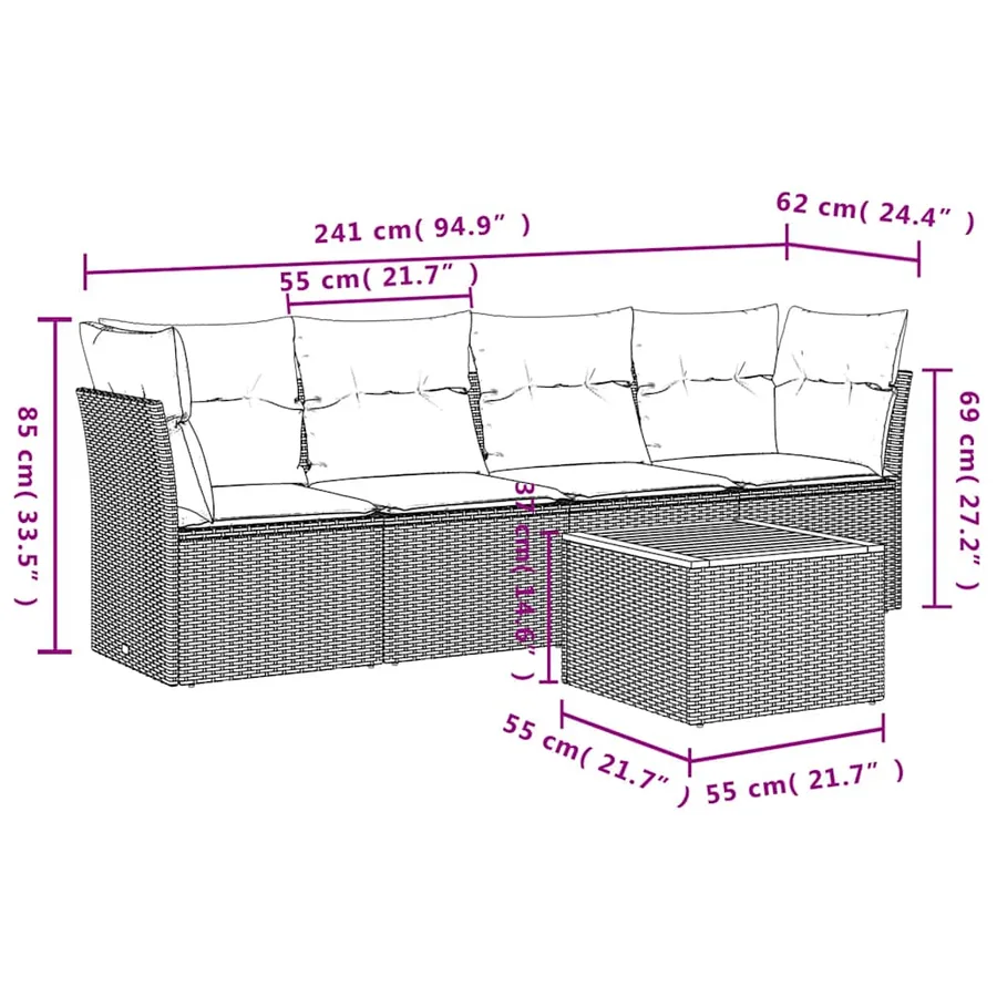 Salon de jardin 5 pcs avec coussins gris résine tressée - 10