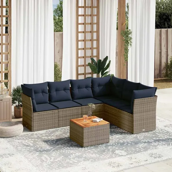 Salon de jardin 7 pcs avec coussins gris résine tressée