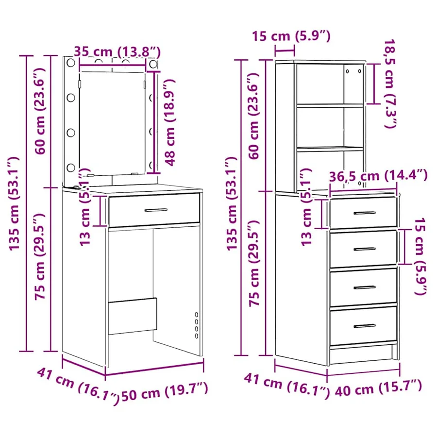 Table de Toilette 2 pcs Noir 50 x 41 x 135 cm Bois d'ingénierie - 14