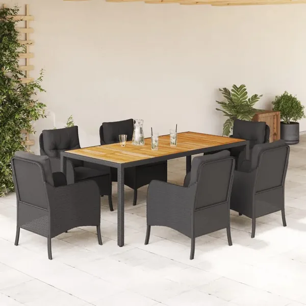 Ensemble à manger de jardin coussins 7pcs Noir Résine tressée