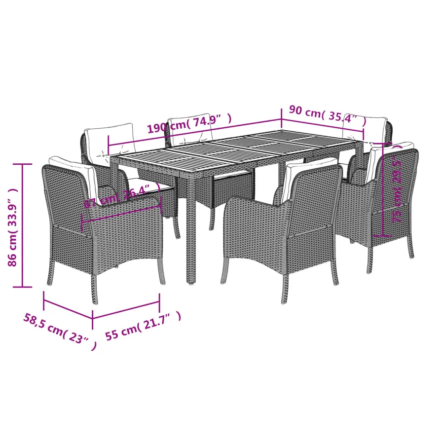 Ensemble à manger de jardin coussins 7pcs Noir Résine tressée - 7