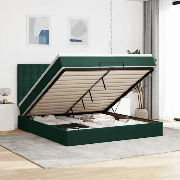 Cadre de lit ottoman avec matelas vert foncé 160x200 cm velours