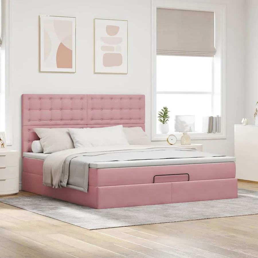Cadre de lit ottoman avec matelas rose 160x200 cm velours - 3