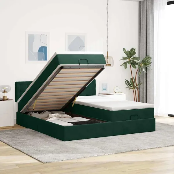 Cadre de lit ottoman avec matelas vert foncé 160x200 cm velours