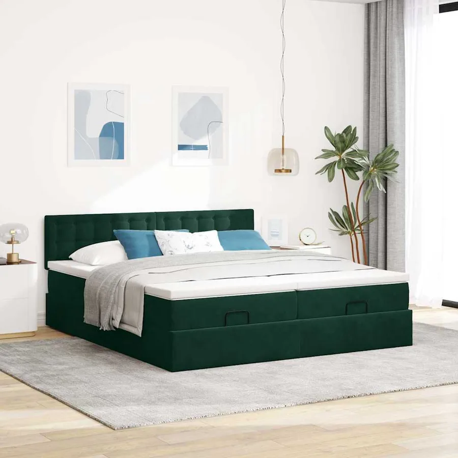 Cadre de lit ottoman avec matelas vert foncé 160x200 cm velours - 3