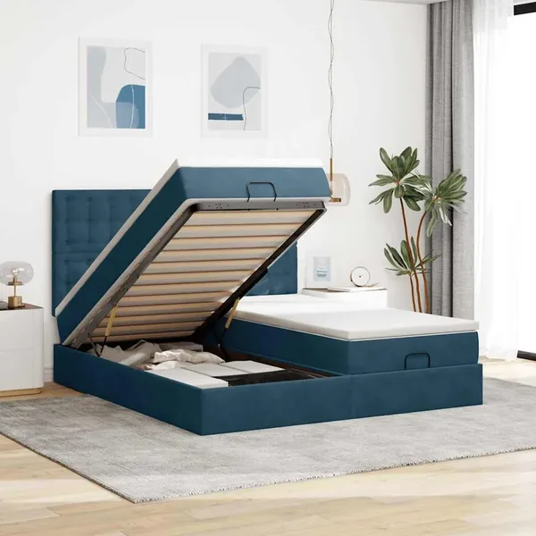 Cadre de lit ottoman avec matelas bleu foncé 160x200 cm velours