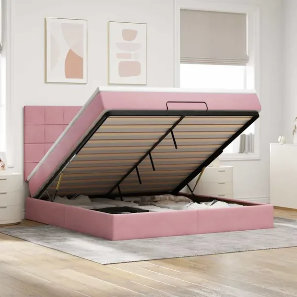 Cadre de lit ottoman avec matelas rose 180x200 cm velours