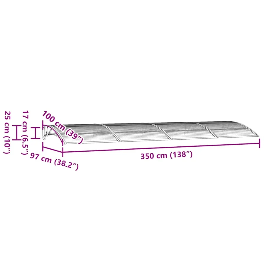 Auvent de porte gris 350 x 100 cm en polycarbonate - 7