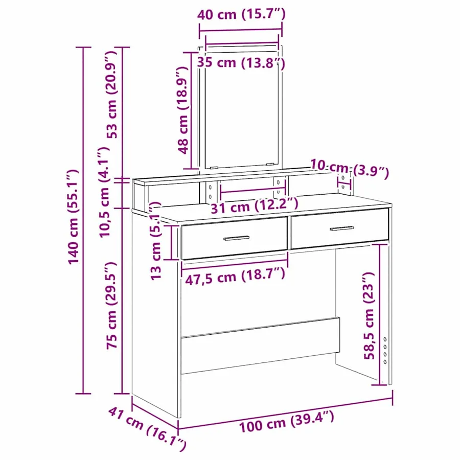 Table de Toilette Chêne artisanal 100 x 41 x 140 cm - 13