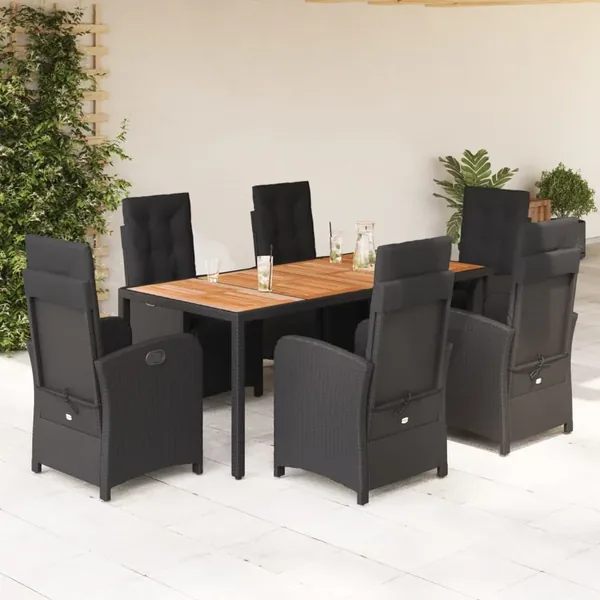 Ensemble à manger de jardin coussins 7pcs Noir Résine tressée