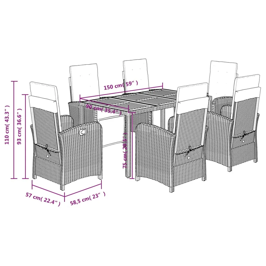 Ensemble à manger de jardin coussins 7pcs Noir Résine tressée - 9