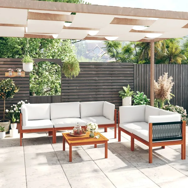 Salon de jardin 6 pièces avec coussins, bois d'acacia crème et corde