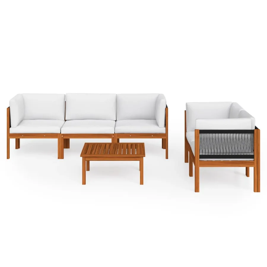 Salon de jardin 6 pièces avec coussins, bois d'acacia crème et corde - 3