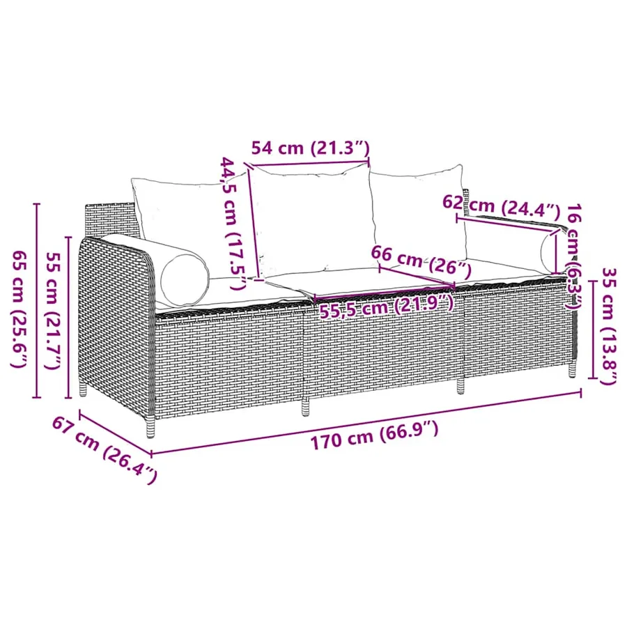 Canapé de jardin avec coussins 3 places beige résine tressée - 8