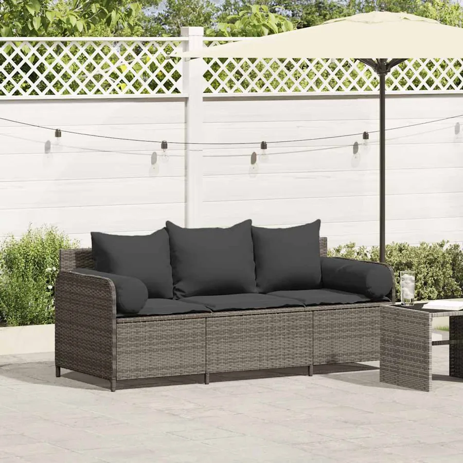 Canapé de jardin avec coussins 3 places gris résine tressée