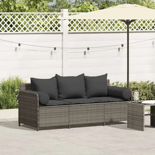 Canapé de jardin avec coussins 3 places gris résine tressée