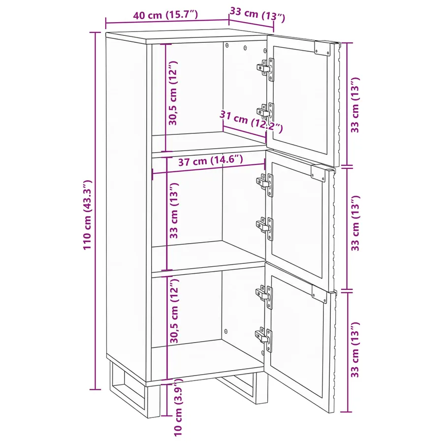 Highboard Marron 40 x 33 x 110 cm bois de manguier massif - 10