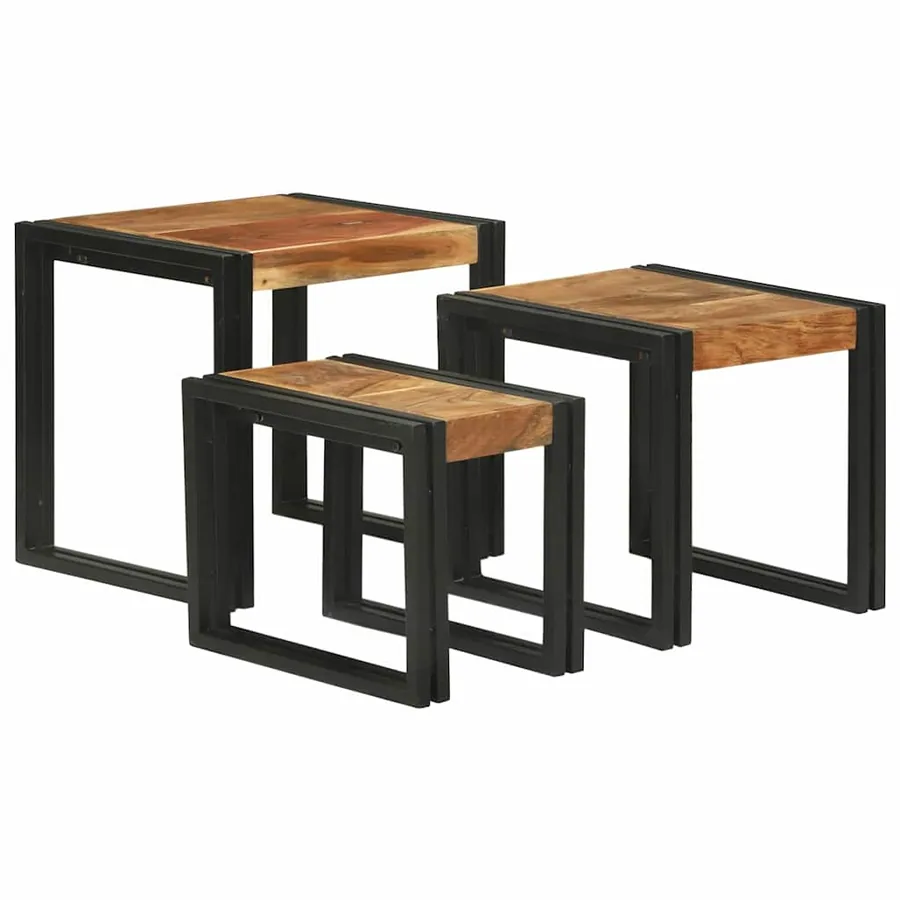 Table Gigogne 3 pcs Bois d'acacia massif et métal