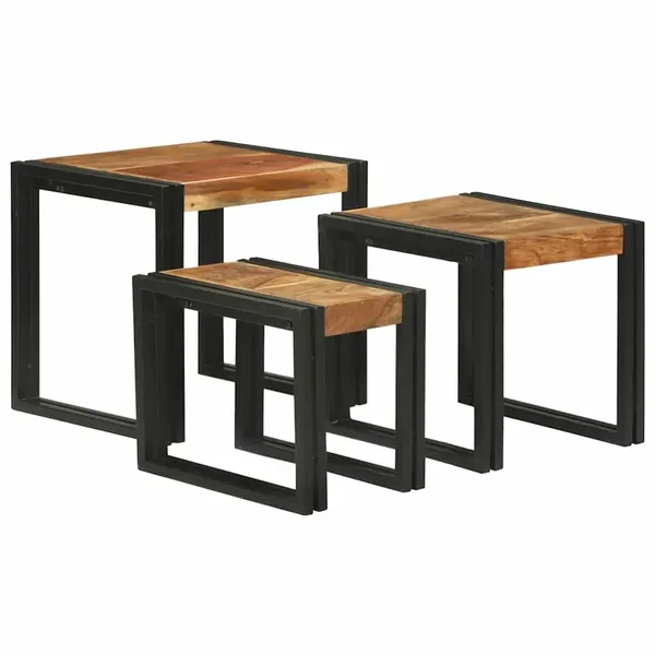 Table Gigogne 3 pcs Bois d'acacia massif et métal