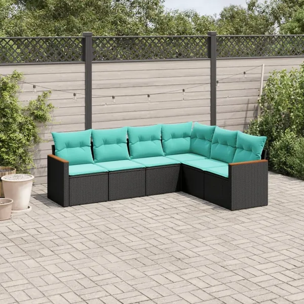 Salon de jardin 6 pcs avec coussins noir résine tressée